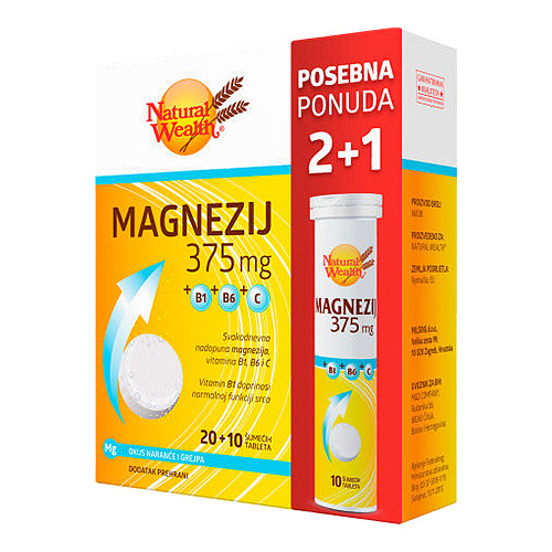 NATURAL WEALTH MAGNEZIJ 375 MG ŠUMECE TABLETE A20 + 10 POKLON
