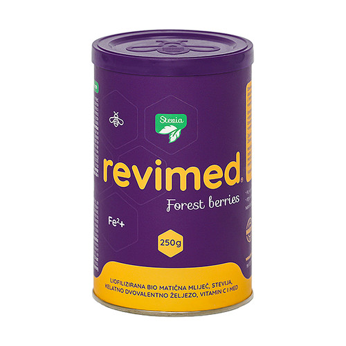 REVIMED STEVIA FE PRAH 250G na osnovi  željeza, liofilizirane BIO matične mliječi, dehidriranog meda, stevije i vitamina C