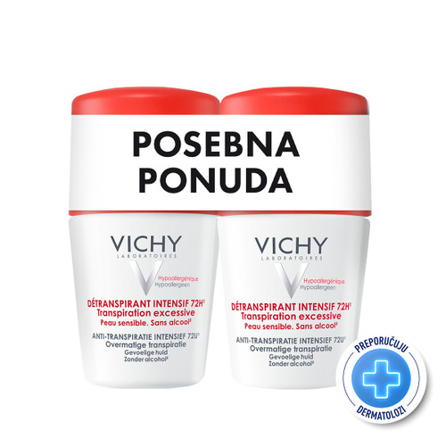 Vichy DEtranspirant Intensif Roll-on Dezodorans protiv znojenja do 72h, 2x50 ml