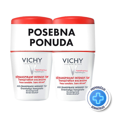 Vichy Detranspirant Intensif Roll-on Dezodorans protiv znojenja do 72h, 2x50 ml