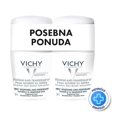 Vichy Roll-on Dezodorans za 48-satnu regulaciju znojenja, za osjetljivu i depiliranu kožu, 2 x 50 ml