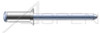 1/8", Grip=0.12"-0.18" Blind Rivets, Stainless Steel Body / Steel Pin, Countersunk External