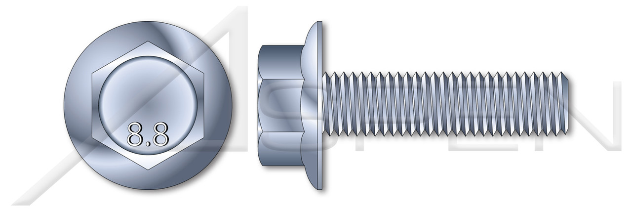 M10-1.5 X 16mm DIN 6921, Metric, Flange Bolts, Hex Indented Head, Part Thread, Class 8.8 Steel, Zinc Plated