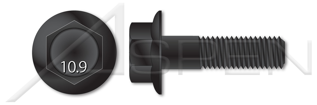 M12-1.75 X 50mm Hex Flange Bolts, Black Phosphate Coated Class 10.9 Steel, DIN 6921