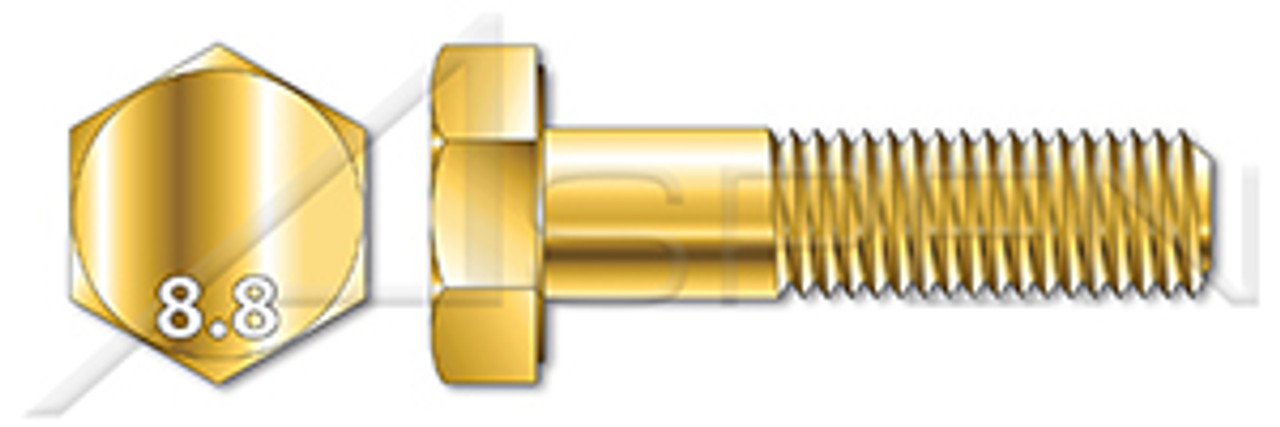 M12-1.75 X 90mm DIN 931, Metric, Hex Head Cap Screws Bolts, Part Thread, Class 8.8 Steel, Yellow Zinc