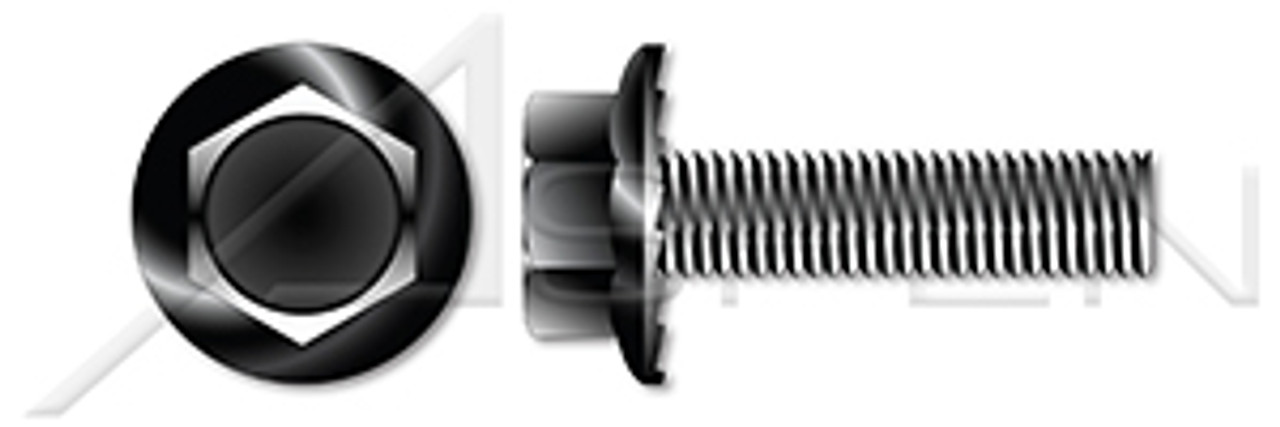 #10-32 X 5/8" Flange Screws, Hex Washer Head, Locking Serrations, Full Thread, Steel, Black Oxide