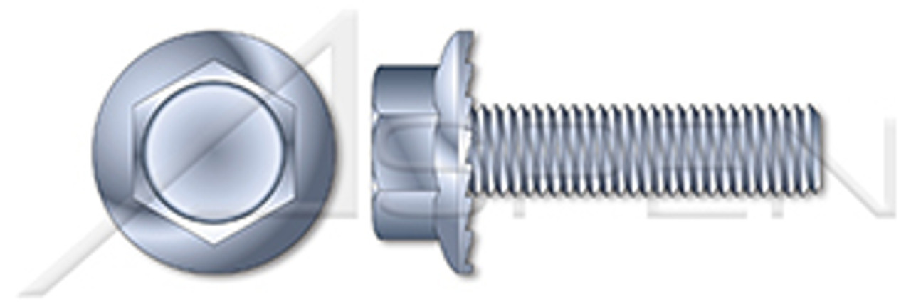 1/4"-20 X 3" Flange Screws, Hex Washer Head, Locking Serrations, Full Thread, Steel, Zinc Plated