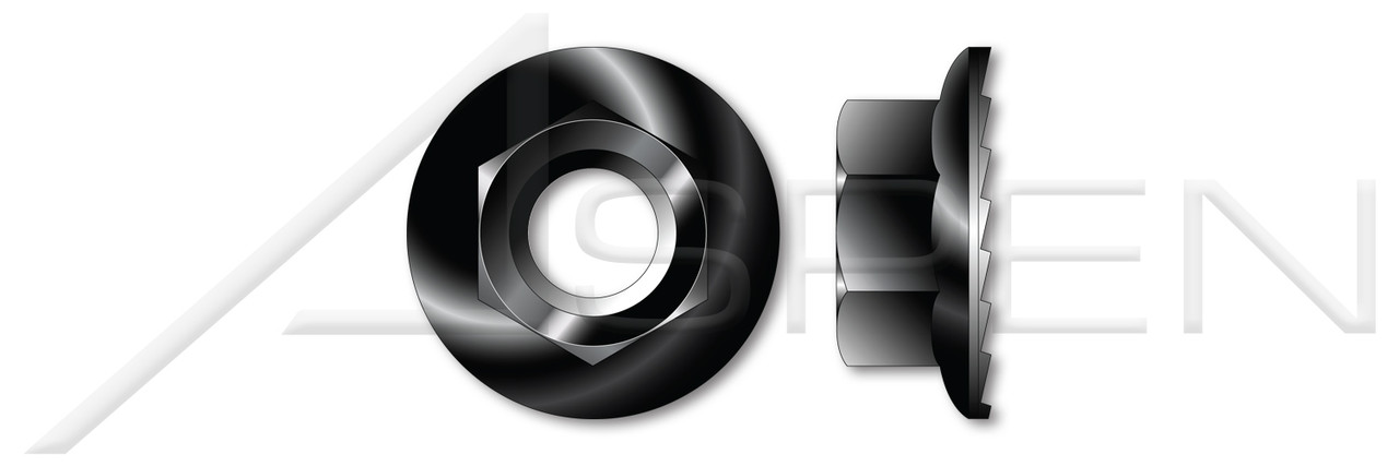 #10-24 Hex Flange Nuts with Locking Serrations, Steel, Black Oxide