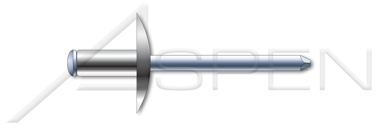 3/16", Grip=0.06"-0.25" Blind Rivets, Stainless Steel Body / Steel Pin, Large Flange, Dome Head