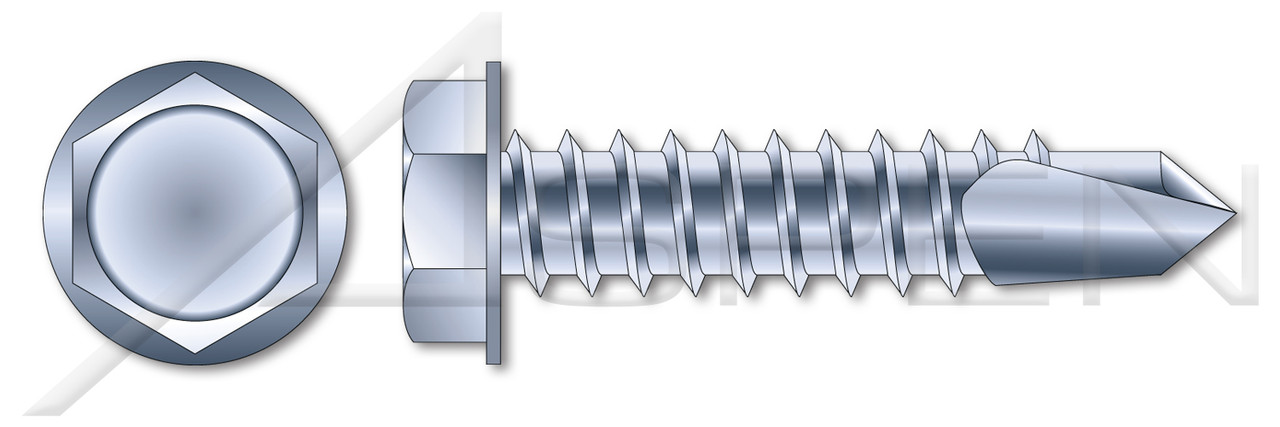 #12-14 X 1" Sheet Metal Self Tapping Screws with Drill Point, Indented Hex Washer Head, #4 Self-Drilling Point, Steel, Zinc Plated and Baked