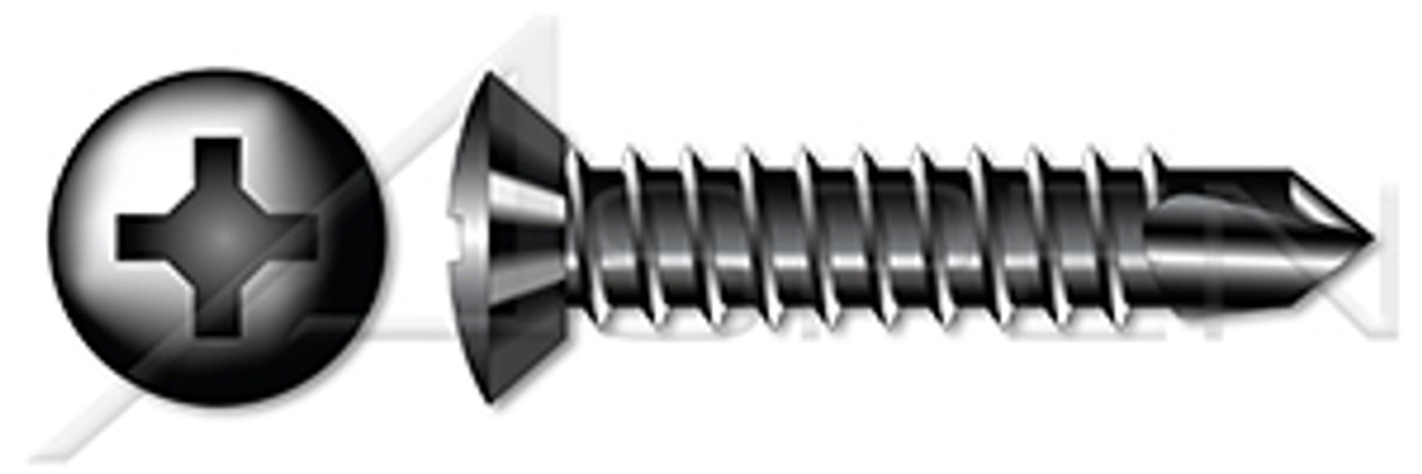 #10 X 1-1/4" Self-Drilling Screws, Oval Phillips Drive, Steel, Black Oxide and Oil