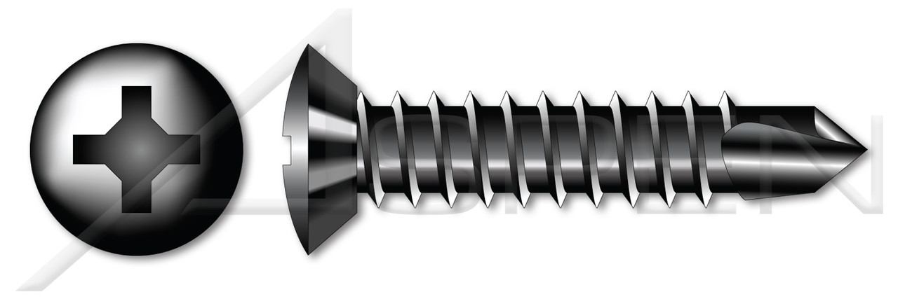 #8 X 1-1/4" Self-Drilling Screws, Oval Phillips Drive, Steel, Black Oxide and Oil