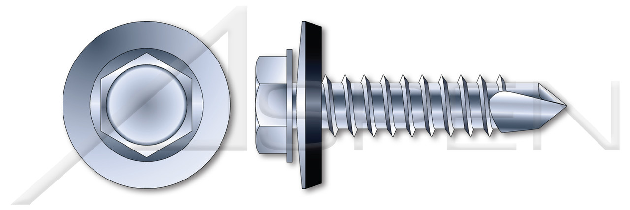 #10 X 2" Sheet Metal Self Tapping Screws with Drill Point, Indented Hex Washer Head with Sealing Washer, Steel, Zinc Plated and Baked