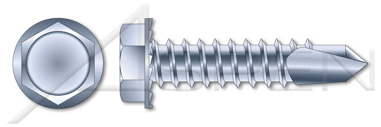 5/16"-12 X 3/4" Sheet Metal Self Tapping Screws with Drill Point, Indented Hex Washer Head with Locking Serrations, Zinc Plated Steel, #4 Self-Drilling Point