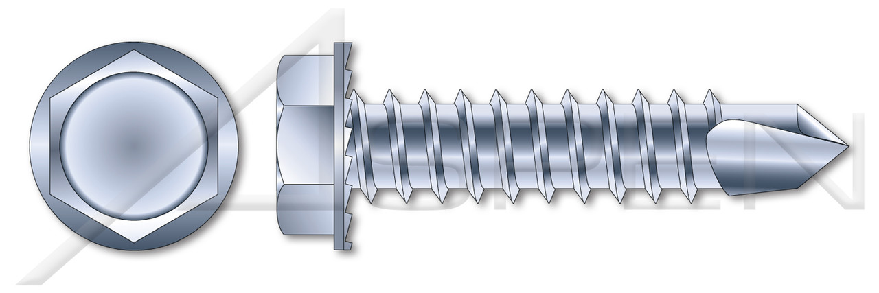 #10-16 X 3/4" Sheet Metal Self Tapping Screws with Drill Point, Indented Hex Washer Head with Locking Serrations, A/F=5/16", Steel, Zinc Plated and Baked