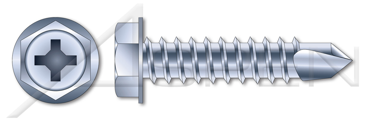 #10 X 1" Self-Drilling Screws, Hex Indented Washer Phillips Drive, Steel, Zinc Plated