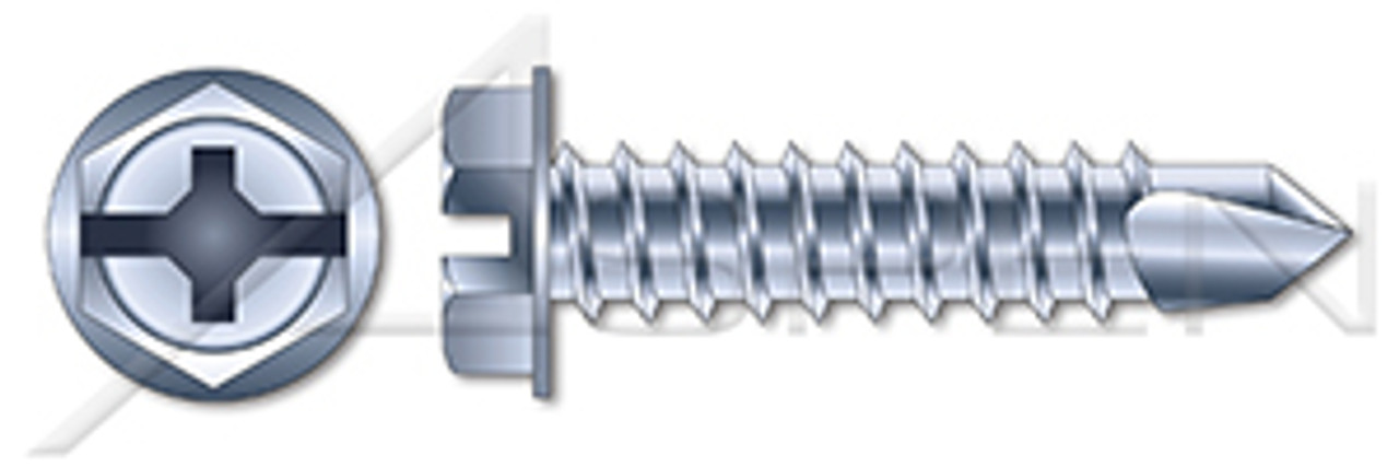 #10 X 1/2" Self-Drilling Screws, Hex Indented Washer Phillips/Slot Combo Drive, Steel, Zinc Plated and Baked