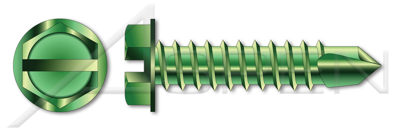 #8 X 1/2" Self-Drilling Screws, Grounding Screws, Hex Indented Washer, Slotted, Steel, Green Zinc and Baked #8 X 1/2" Self-Drilling Screws, Grounding Screws, Hex Indented Washer, Slotted, Steel, Green Zinc and Baked