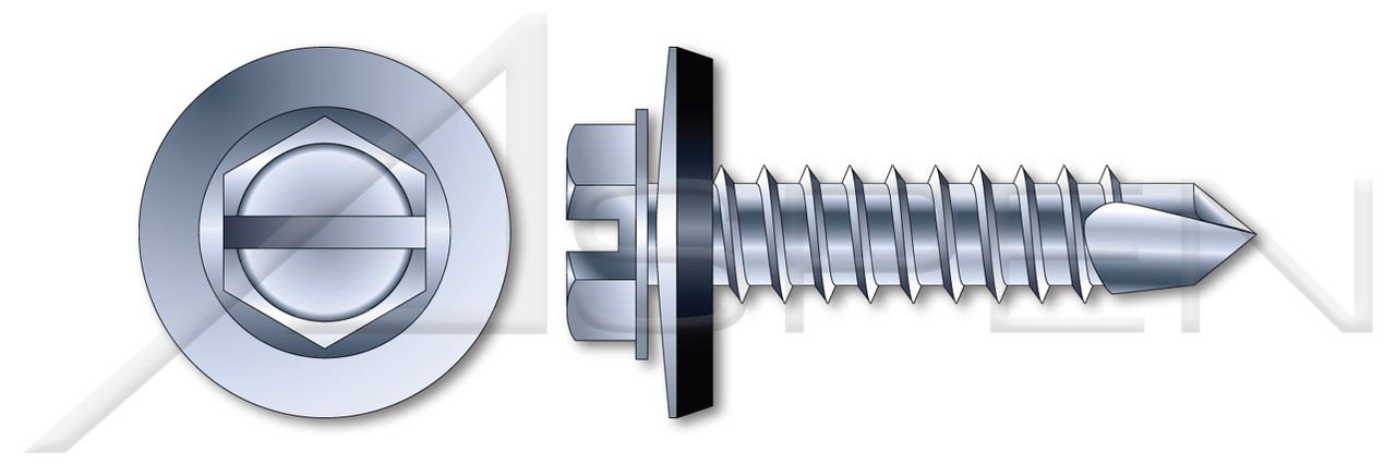 #14 X 3/4" Sheet Metal Self Tapping Screws with Drill Point, Indented Hex Washer Head with Slotted Drive and Sealing Washer, Steel, Zinc Plated and Baked