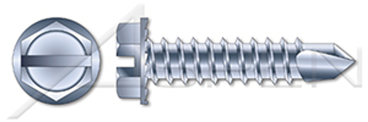 #10 X 1" Sheet Metal Self Tapping Screws with Drill Point, Indented Hex Washer Head with Slotted Drive and Locking Serrations, Steel, Zinc Plated and Baked