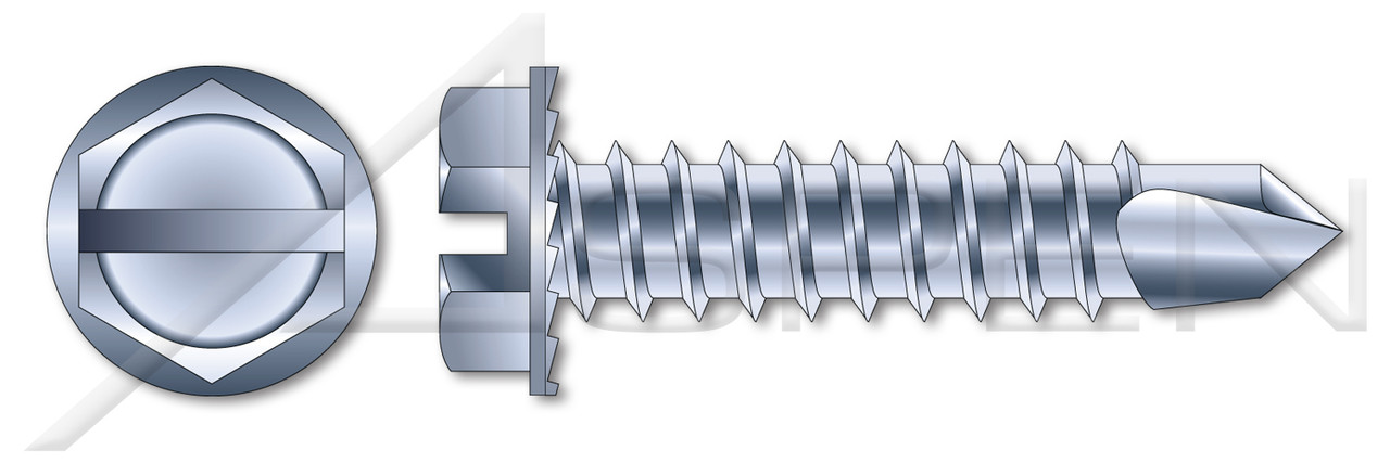 #14 X 3/4" Sheet Metal Self Tapping Screws with Drill Point, Indented Hex Washer Head with Slotted Drive and Locking Serrations, Steel, Zinc Plated and Baked #14 X 3/4" Sheet Metal Self Tapping Screws with Drill Point, Indented Hex Washer Head with Slotted Drive and Locking Serrations, Steel, Zinc Plated and Baked