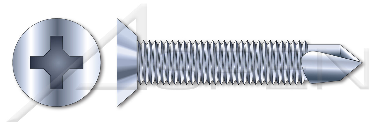 #12-24 X 11/16" Self-Drilling Screws, Flat Undercut Phillips Drive, Machine Screw Threading, Steel, Zinc Plated and Baked