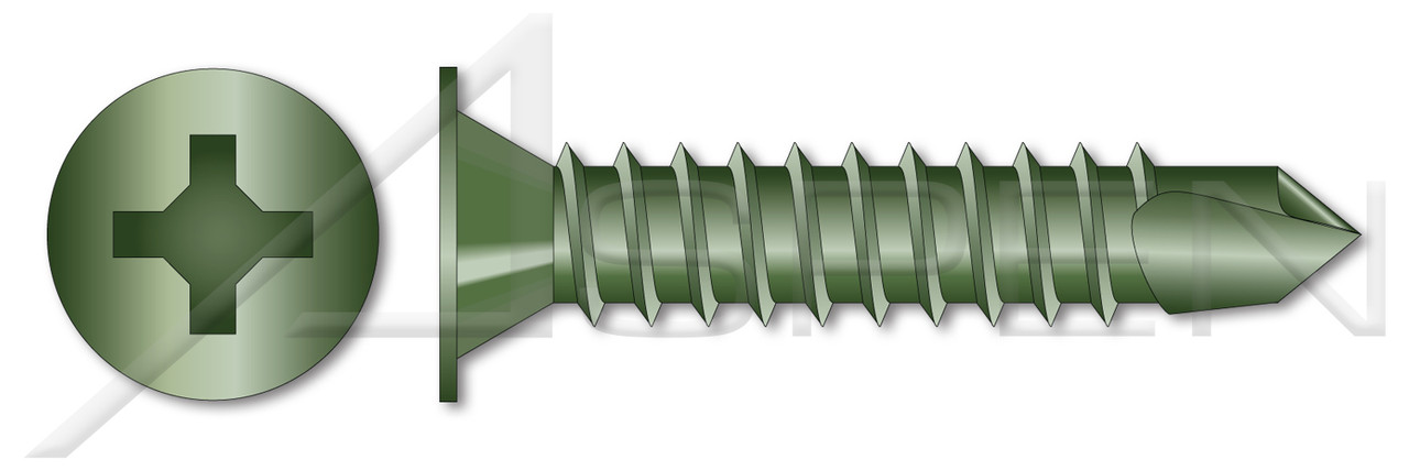 #8 X 1-1/4" Self-Drilling Screws, Wafer Head Phillips Drive, Hi-Lo Threading, Spade Point, Steel, Green Ceramic Coating #8 X 1-1/4" Self-Drilling Screws, Wafer Head Phillips Drive, Hi-Lo Threading, Spade Point, Steel, Green Ceramic Coating