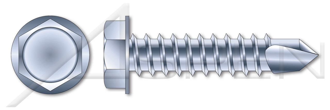 #10 X 1" Sheet Metal Self Tapping Screws with Drill Point, Indented Hex Washer Head, Steel, Zinc Plated and Baked