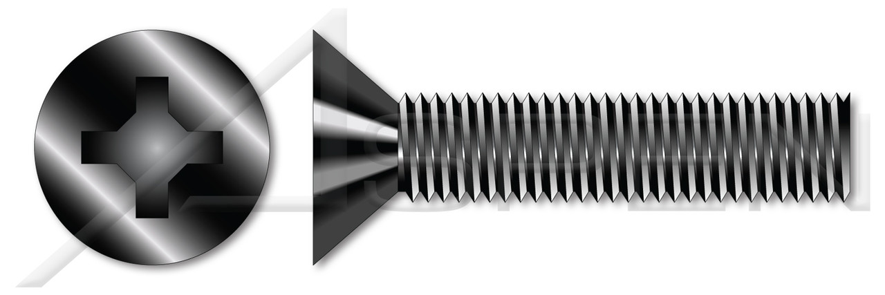 #8-32 X 1" Machine Screws, Flat Phillips Drive, 82 Degree Countersink, Full Thread, Steel, Black Oxide