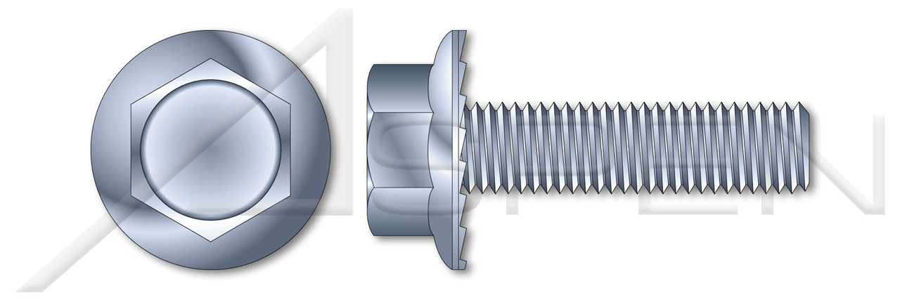 1/4"-20 X 1-1/8" Hex Flange Screws with Locking Serrations, Fully Threaded, Zinc Plated Steel