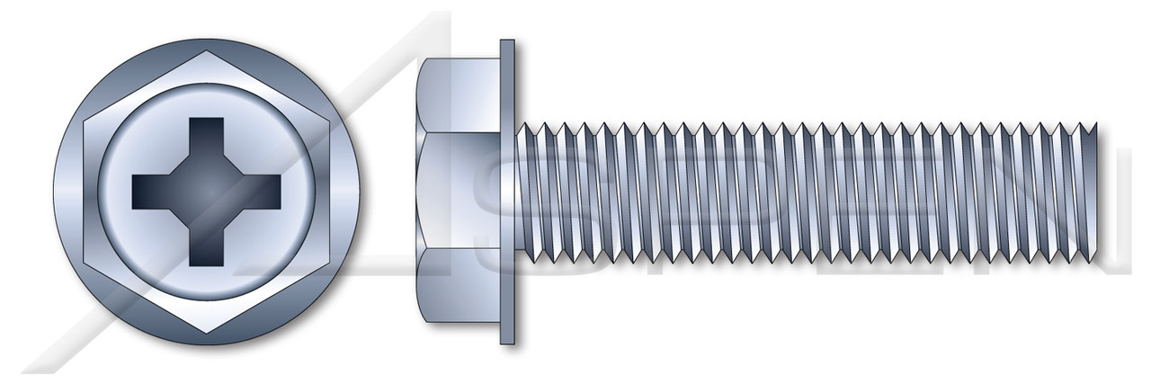 1/4"-20 X 1" Machine Screws, Hex Indented Washer Phillips Drive, Full Thread, Steel, Zinc Plated