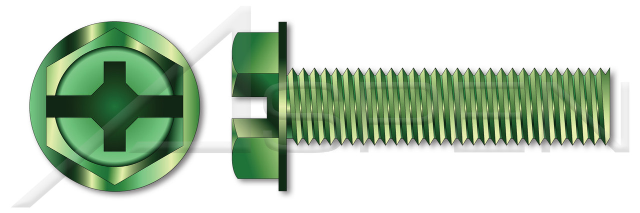 #10-32 X 1/4" Machine Screws, Grounding Screws, Hex Indented Washer Phillips/Slot Combo Drive, Full Thread, Steel, Green Zinc