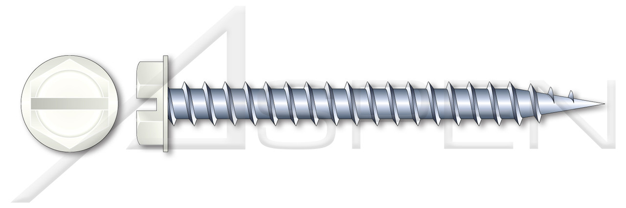 #7-16 X 1/2" Needle Point Self Piercing Screws, Indented 1/4" Hex Washer Head with Slotted Drive, Zinc Plated Steel, Head Painted White #7-16 X 1/2" Needle Point Self Piercing Screws, Indented 1/4" Hex Washer Head with Slotted Drive, Zinc Plated Steel, Head Painted White