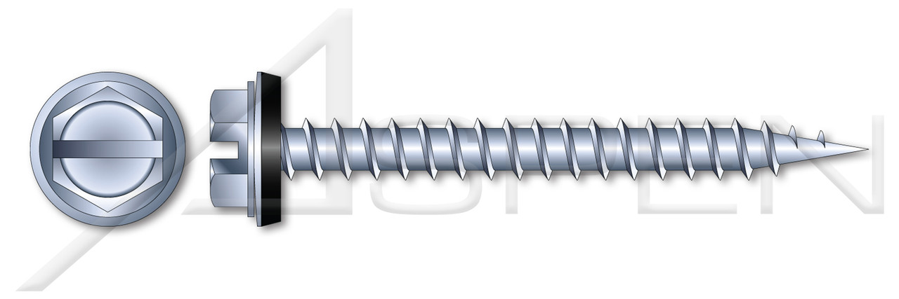 #10-12 X 3/4" Self Piercing Screws, Indented Hex Washer Head with Slotted Drive and Sealing Washer, Zinc Plated Steel