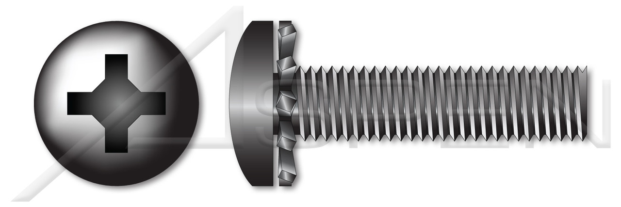 #8-32 X 1/2" SEMS Machine Screws with External Tooth Lock Washer, Pan Head with Phillips Drive, Black Zinc Plated Steel