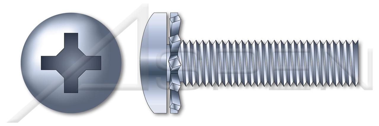 #10-32 X 1-1/2" SEMS Machine Screws with External Tooth Lock Washer, Pan Head with Phillips Drive, Zinc Plated Steel