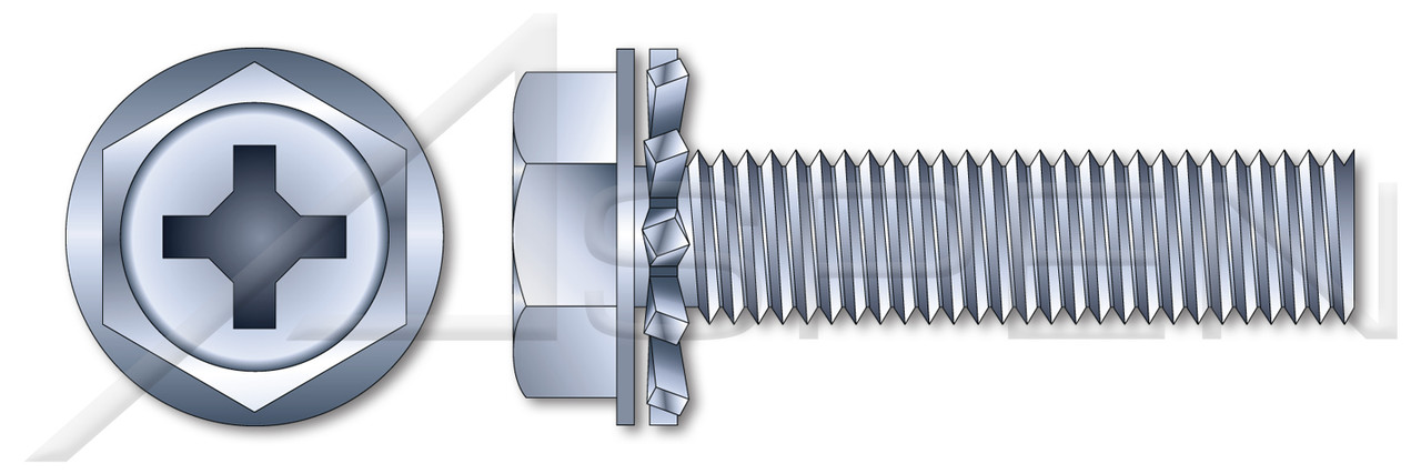 #6-32 X 3/8" SEMS Machine Screws with External Tooth Lock Washer, Hex Indented Washer Phillips Drive, Steel, Zinc Plated and Baked