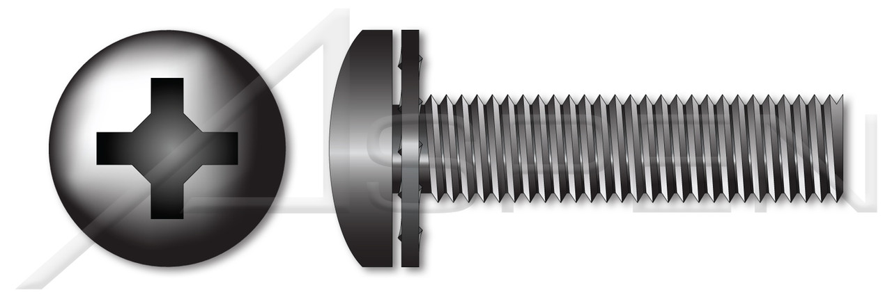 #10-32 X 3/4" SEMS Machine Screws with Internal Tooth Lock Washer, Pan Head with Phillips Drive, Black Zinc Plated Steel
