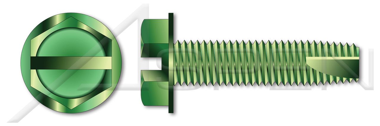 #10-24 X 3/8" Grounding Screws, Type 23 Thread Cutting Screws, Indented Hex Washer Head with Slotted Drive, Steel, Green Zinc