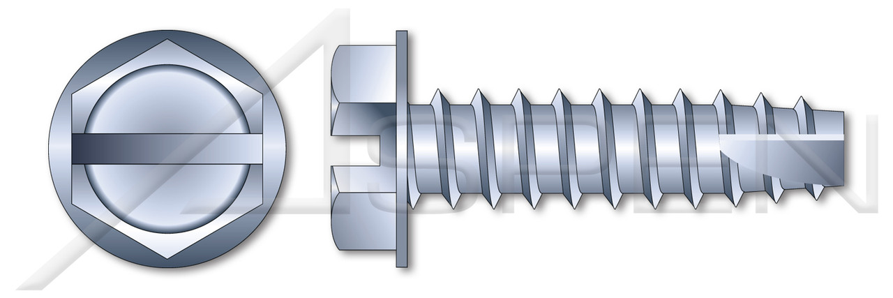 #10 X 1" Type 25 Thread Cutting Screws, Indented Hex Washer Head with Slotted Drive, Steel, Zinc Plated and Baked