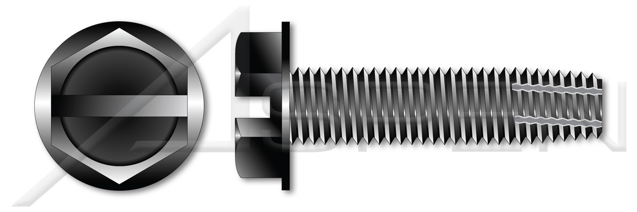 #10-32 X 1/2" Type F Thread Cutting Screws, Indented Hex Washer Head with Slotted Drive, Black Oxide Coated Steel