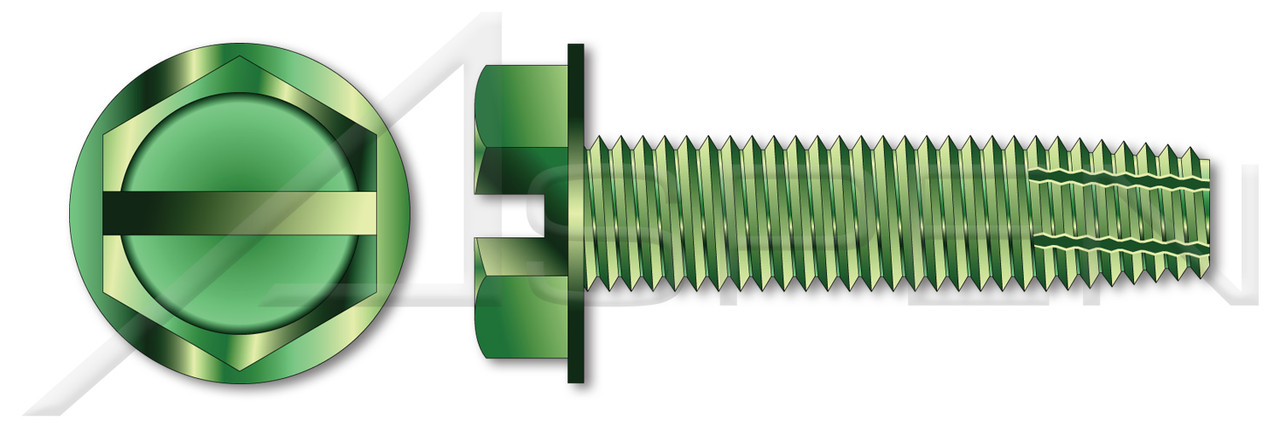 #8-32 X 5/16" Grounding Screws, Type F Thread Cutting Screws, Indented Hex Washer Head with Slotted Drive, Steel, Green Zinc