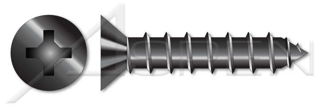 #8 X 1-1/2" Self-Tapping Sheet Metal Screws, Type "A", Flat Phillips Drive, Steel, Black Zinc and Baked