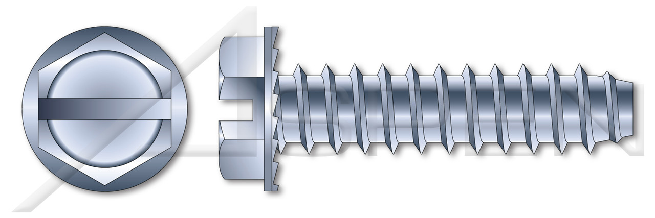 #8 X 1/4" Self-Tapping Sheet Metal Screws, Type "B", Hex Indented Washer, Slotted, Serrated, Steel, Zinc Plated