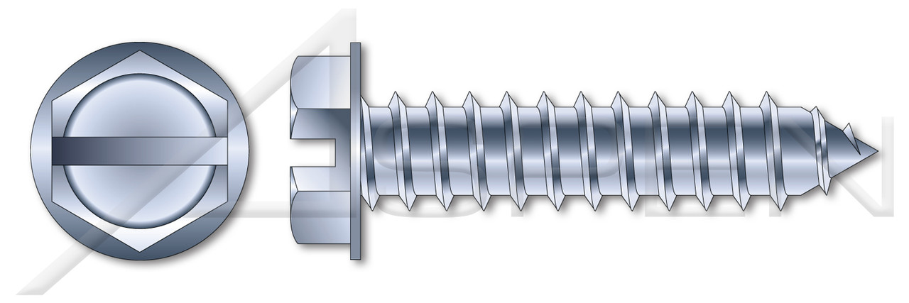 #12 X 1-3/4" Self-Tapping Sheet Metal Screws, Type "AB", Hex Indented Washer, Slotted, Steel, Zinc Plated