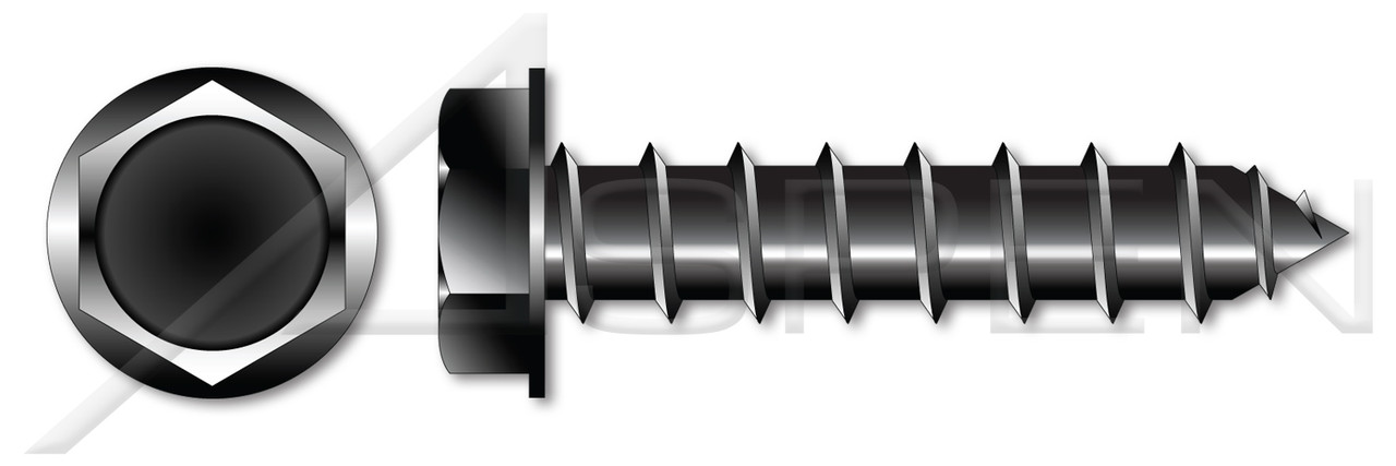 #8 X 1/2" Type A Sheet Metal Self Tapping Screws, Indented Hex Washer Head, Black Oxide Coated Steel