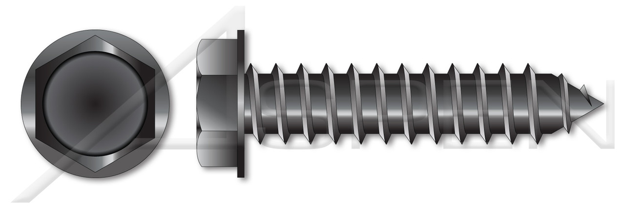 #12 X 1/2" Type AB Sheet Metal Self Tapping Screws, Indented Hex Washer Head, Black Zinc Plated Steel