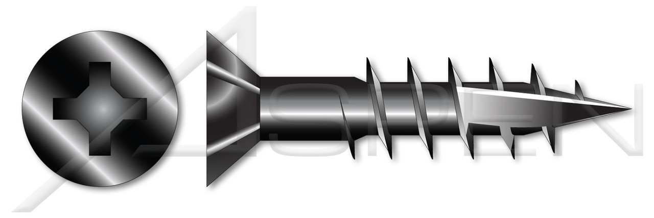 #8 X 1-3/4" Wood Screws, Flat Phillips Drive, Type 17 Point, Nibs Under Head, Deep Thread, Steel, Black Oxide