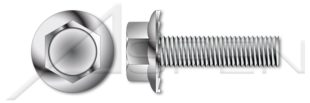 1/2"-13 X 1" Flange Screws, Hex Indented Washer Head, Serrated, Full Thread, AISI 304 Stainless Steel (18-8)