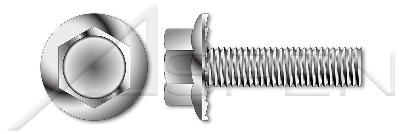 1/4"-20 X 1-1/2" Flange Screws, Hex Indented Washer Head, Serrated, Full Thread, AISI 304 Stainless Steel (18-8)